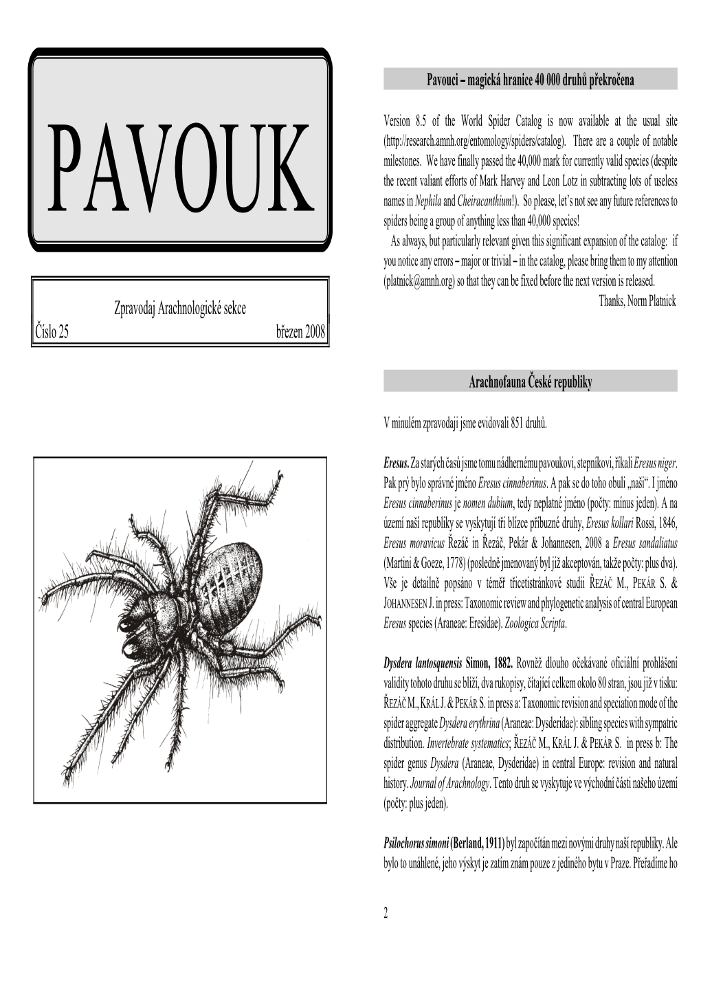 Zpravodaj Arachnologické Sekce Číslo 25 Březen 2008