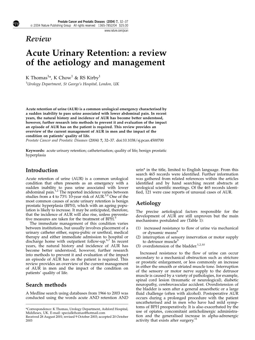 Acute Urinary Retention: a Review of the Aetiology and Management