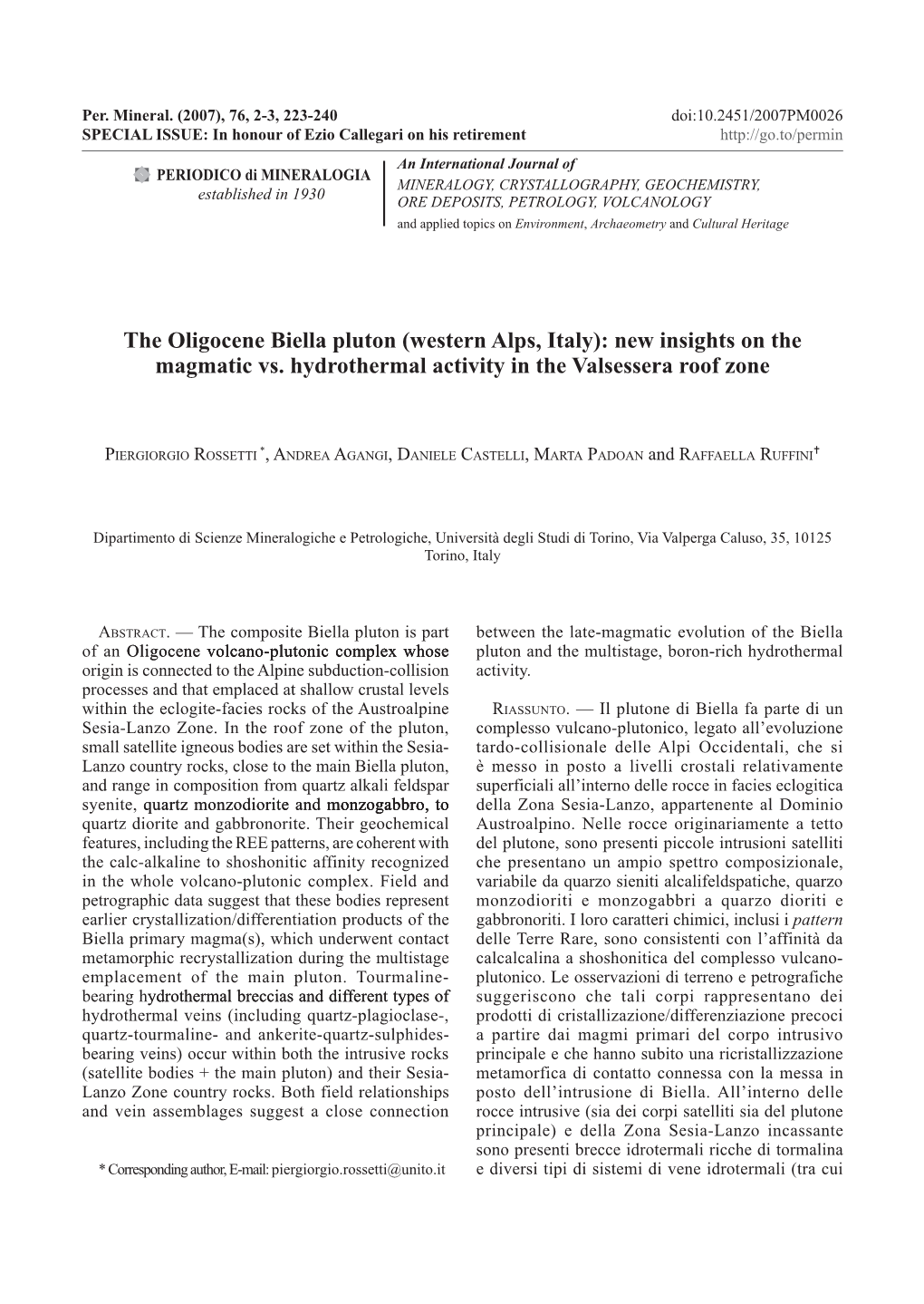 The Oligocene Biella Pluton (Western Alps, Italy): New Insights on the Magmatic Vs