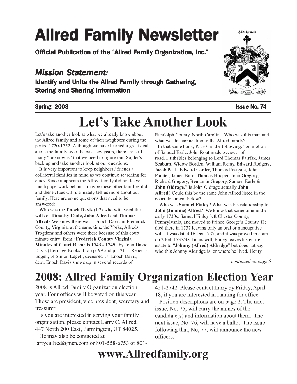 Allred Family Newsletter Is a Member Benefit of Newsletter