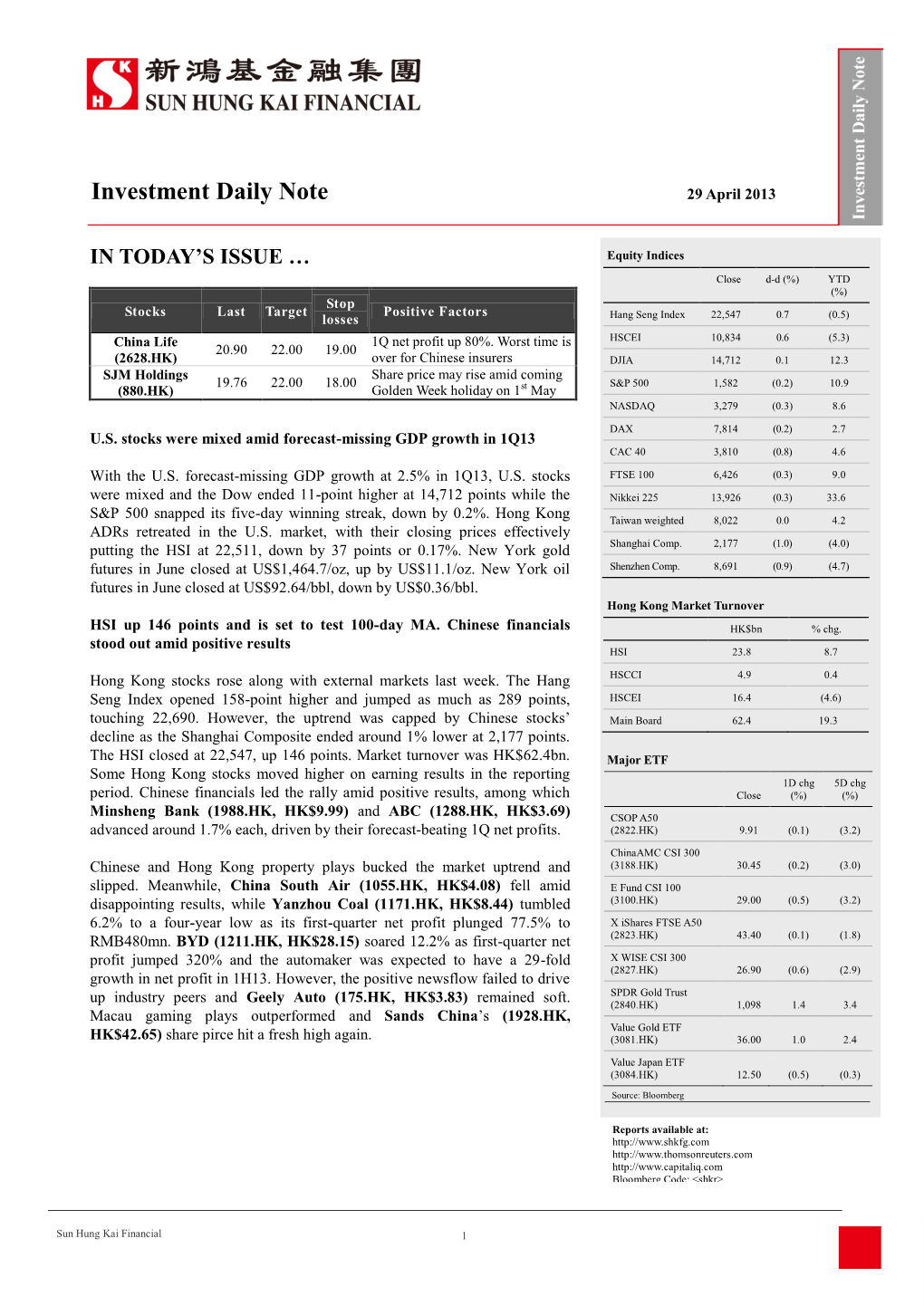 Investment Daily Note 29 April 2013