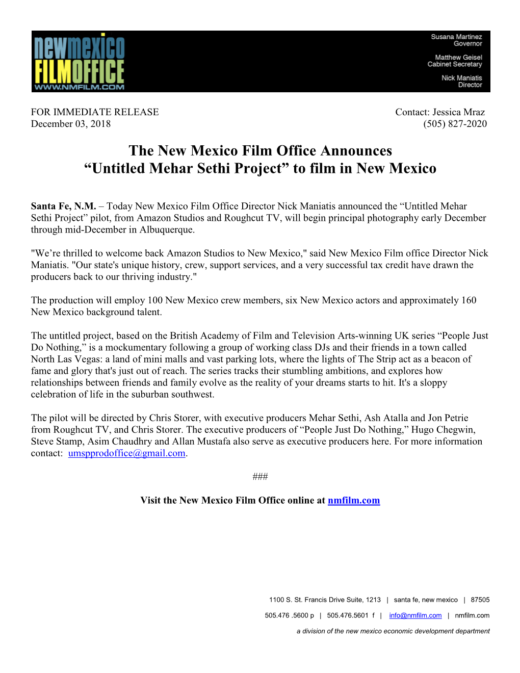 Mehar Sethi Project” to Film in New Mexico