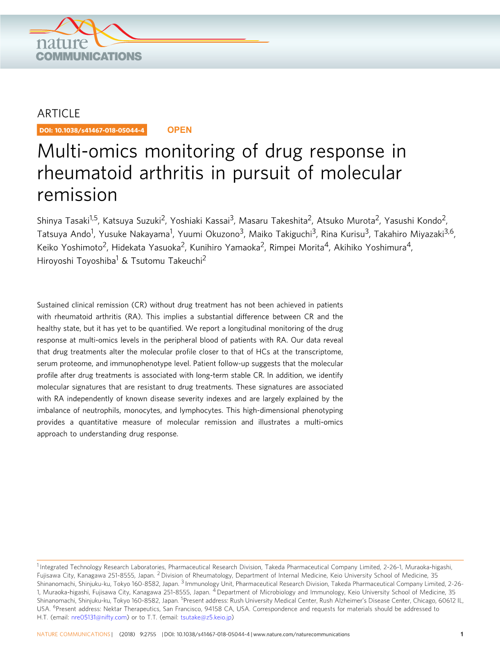 Multi-Omics Monitoring of Drug Response in Rheumatoid Arthritis in Pursuit of Molecular Remission