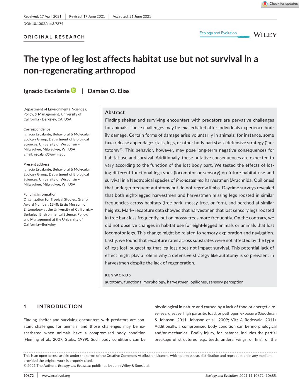 The Type of Leg Lost Affects Habitat Use but Not Survival in a Non-­Regenerating Arthropod