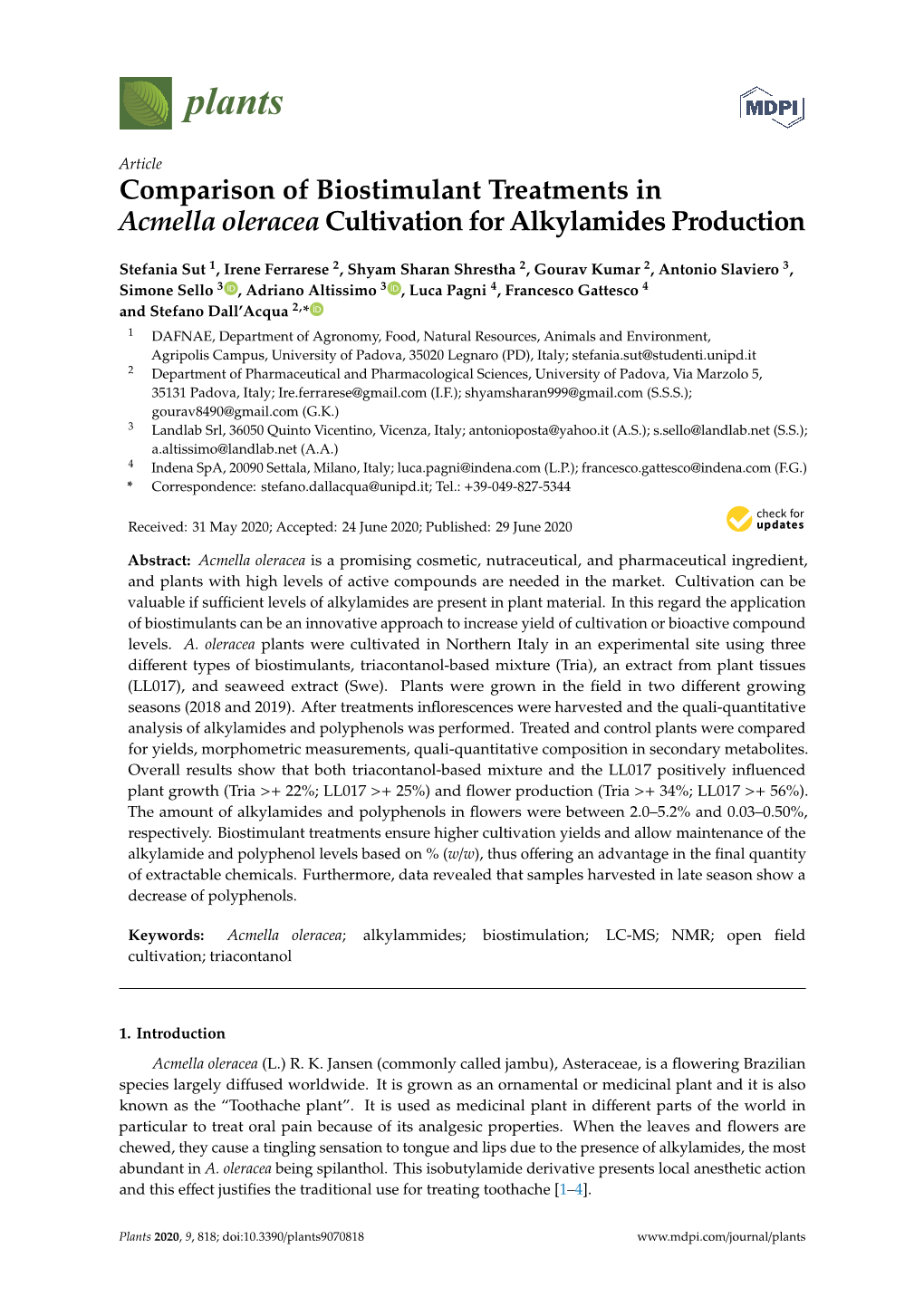 Comparison of Biostimulant Treatments in Acmella Oleracea Cultivation for Alkylamides Production