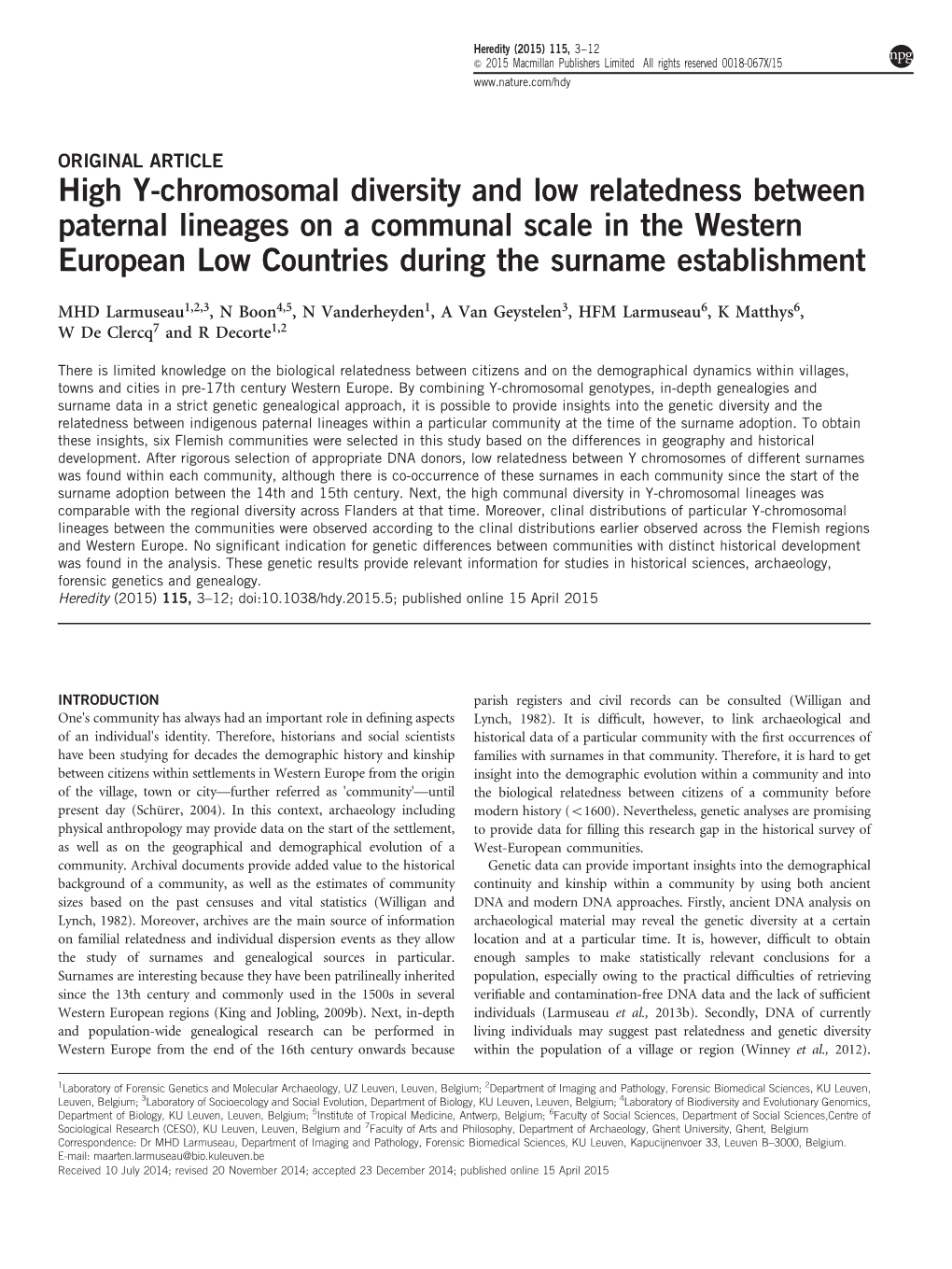 High Y-Chromosomal Diversity and Low Relatedness Between Paternal Lineages on a Communal Scale in the Western European Low Countries During the Surname Establishment