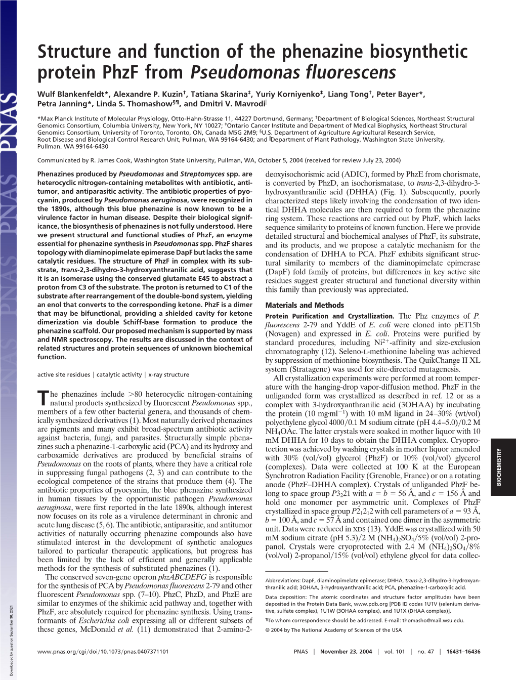 Structure and Function of the Phenazine Biosynthetic Protein Phzf from Pseudomonas Fluorescens