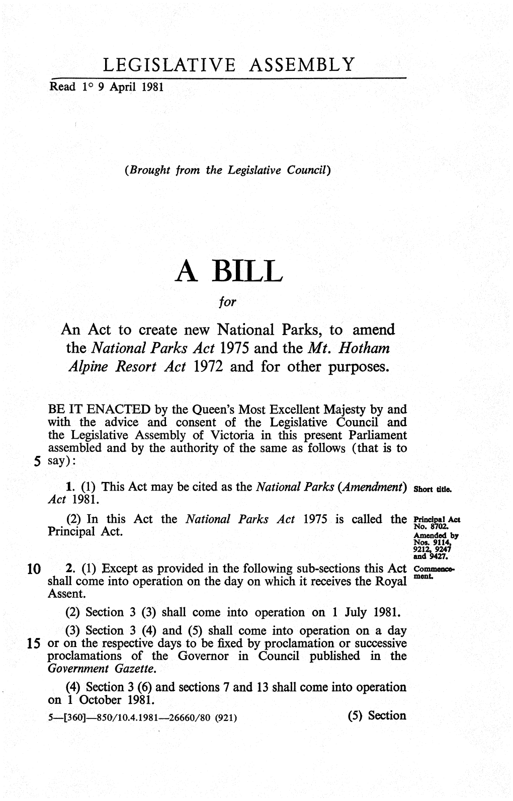 A BILL for an Act to Create New National Parks, to Amend the National Parks Act 1975 and the Mt