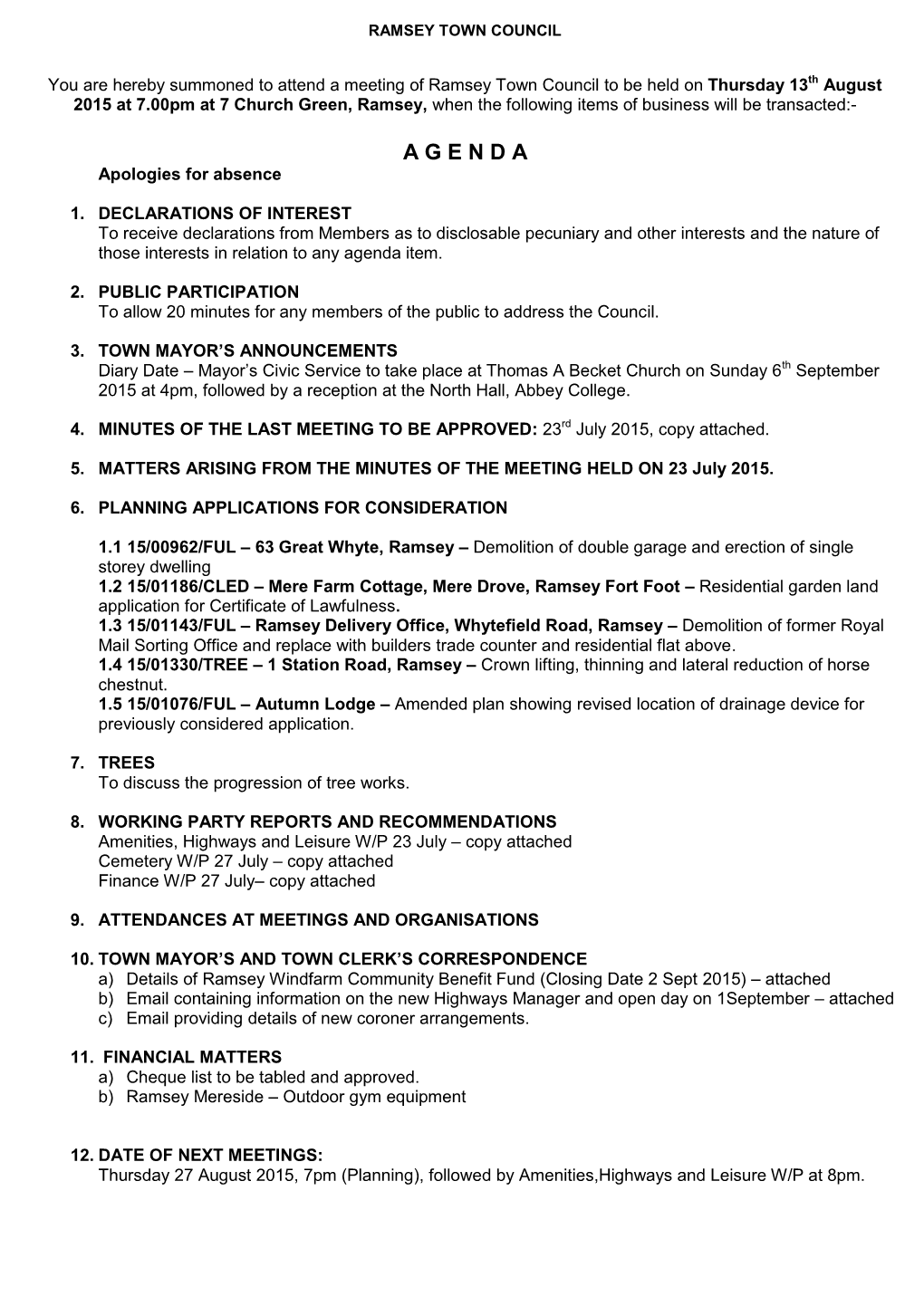 Agenda, Full Town Council 20150813
