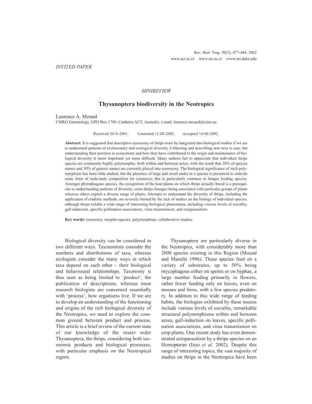 Thysanoptera Biodiversity in the Neotropics