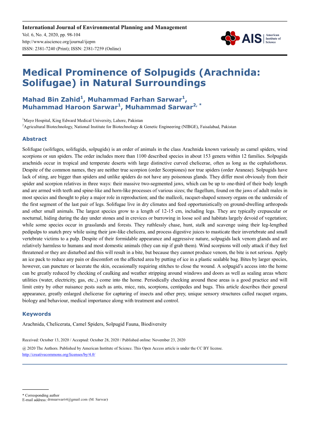 Medical Prominence of Solpugids (Arachnida: Solifugae) in Natural Surroundings