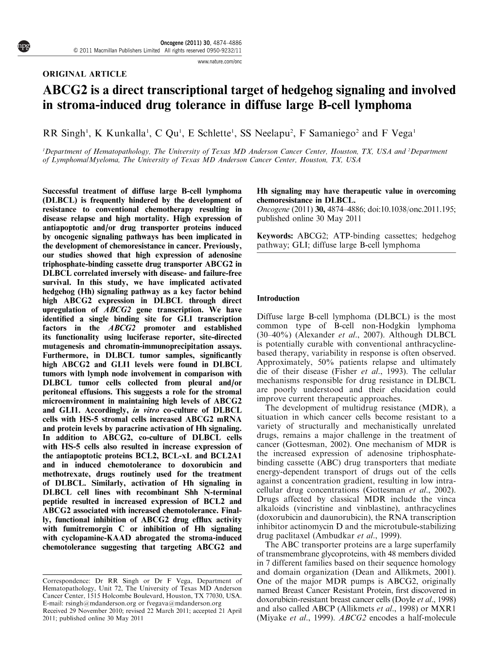 ABCG2 Is a Direct Transcriptional Target of Hedgehog Signaling and Involved in Stroma-Induced Drug Tolerance in Diffuse Large B-Cell Lymphoma