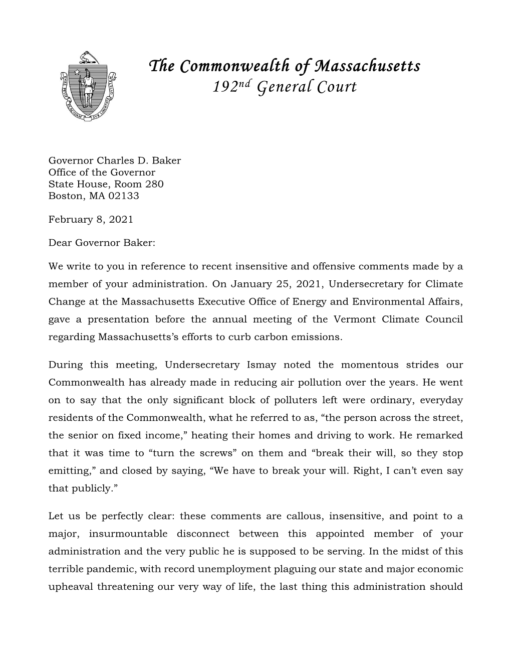 Wrote to Gov. Charlie Baker