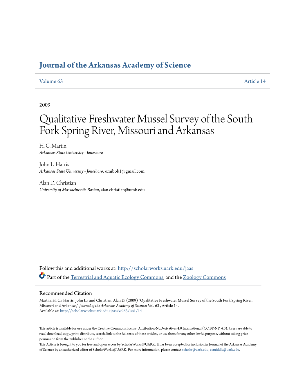 Qualitative Freshwater Mussel Survey of the South Fork Spring River, Missouri and Arkansas H