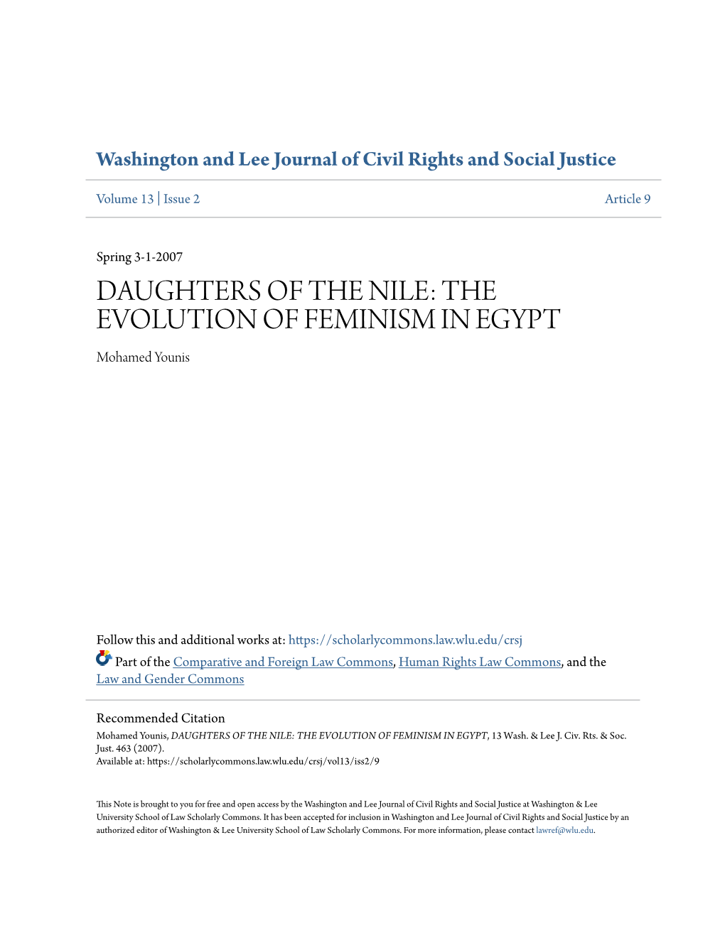 THE EVOLUTION of FEMINISM in EGYPT Mohamed Younis