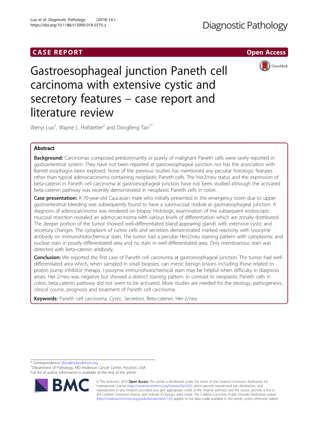 Gastroesophageal Junction Paneth Cell Carcinoma with Extensive Cystic and Secretory Features – Case Report and Literature Review Wenyi Luo1, Wayne L
