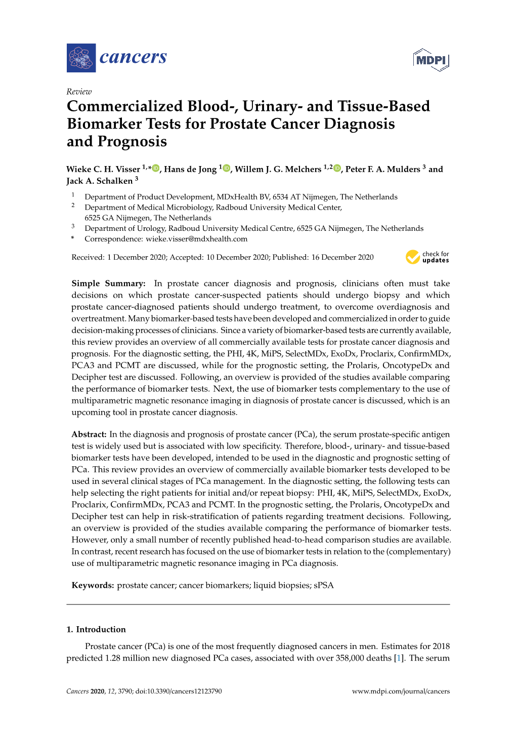 Commercialized Blood-, Urinary- and Tissue-Based Biomarker Tests for Prostate Cancer Diagnosis and Prognosis
