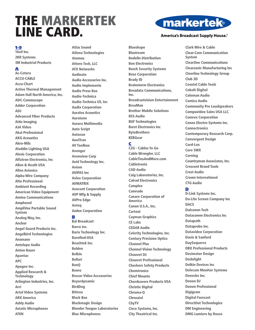 The Markertek Line Card