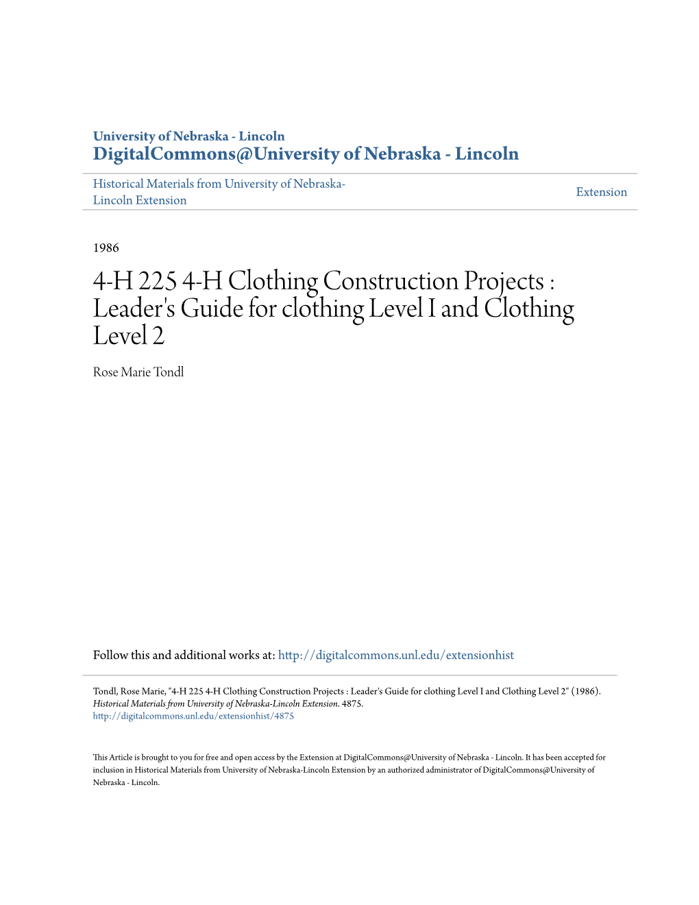 4-H 225 4-H Clothing Construction Projects : Leader's Guide for Clothing Level I and Clothing Level 2 Rose Marie Tondl