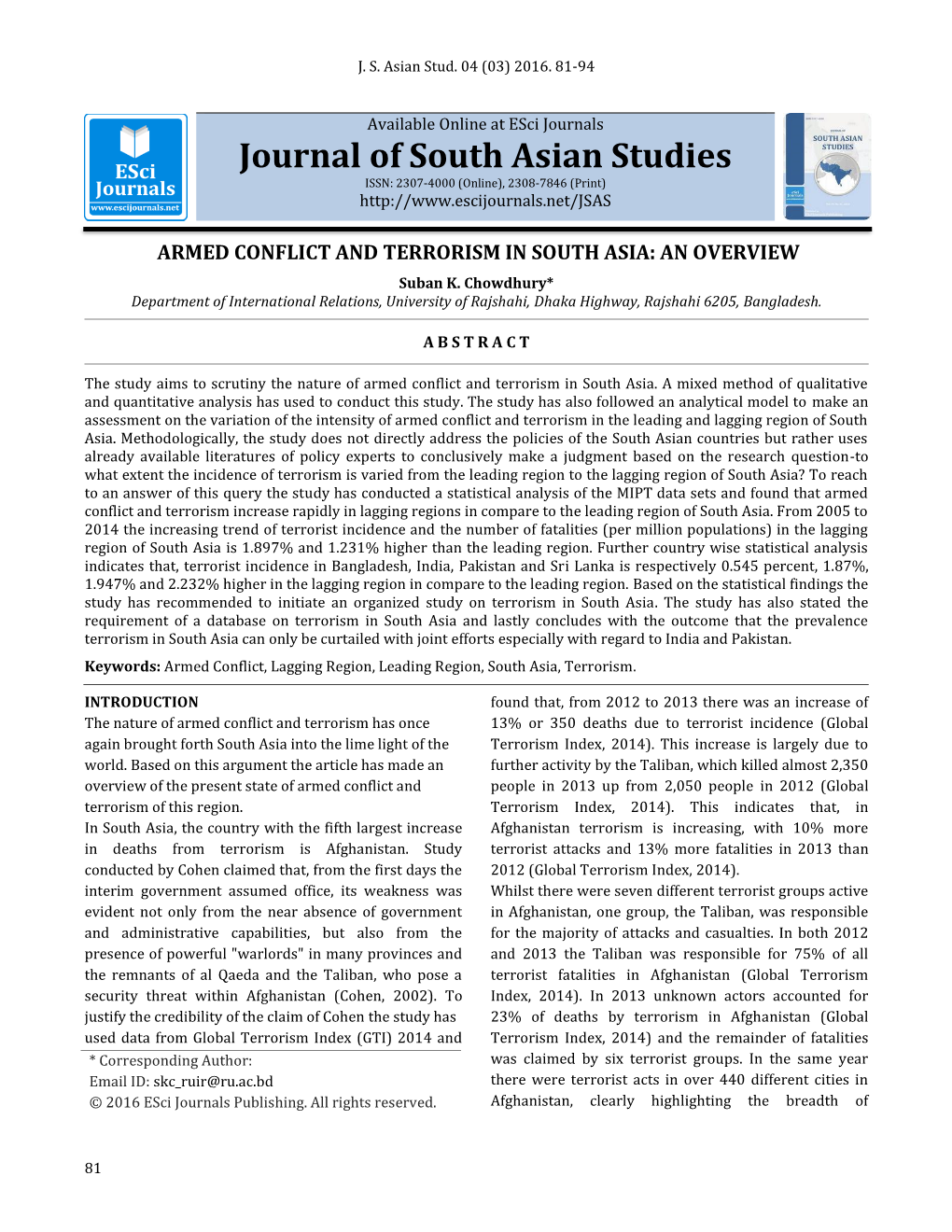 ARMED CONFLICT and TERRORISM in SOUTH ASIA: an OVERVIEW Suban K