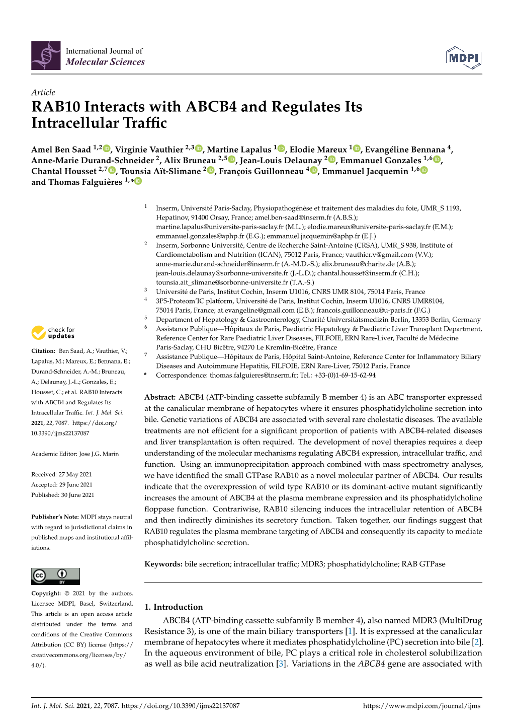 RAB10 Interacts with ABCB4 and Regulates Its Intracellular Traffic