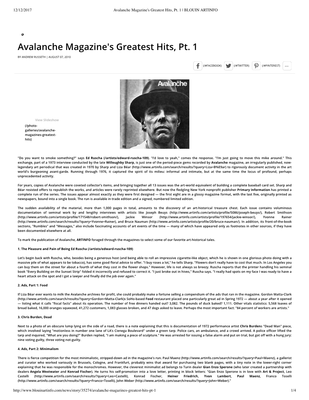 Avalanche Magazine's Greatest Hits, Pt. 1 | BLOUIN ARTINFO
