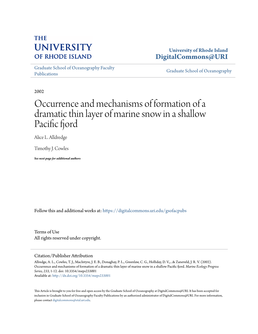 Occurrence and Mechanisms of Formation of a Dramatic Thin Layer of Marine Snow in a Shallow Pacific Fjord Alice L