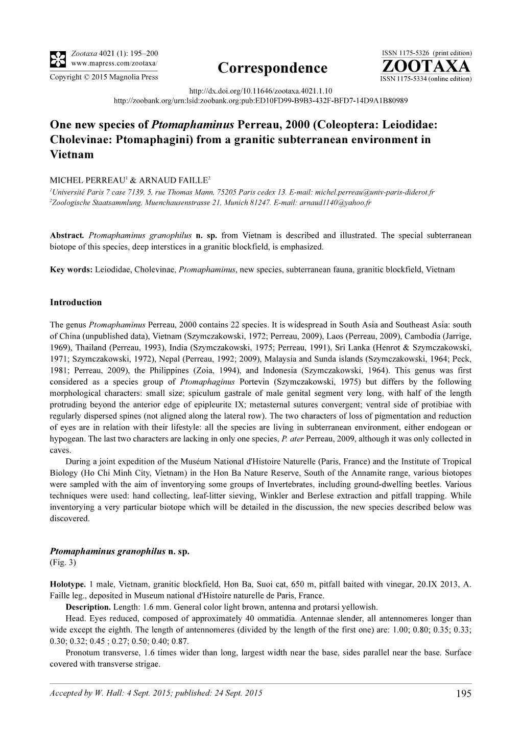 One New Species of Ptomaphaminus Perreau, 2000 (Coleoptera: Leiodidae: Cholevinae: Ptomaphagini) from a Granitic Subterranean Environment in Vietnam