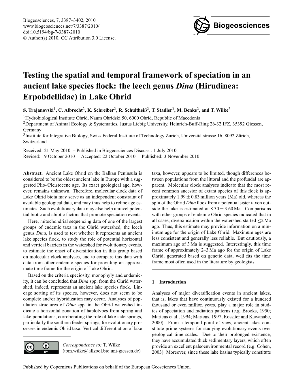 Testing the Spatial and Temporal Framework of Speciation in an Ancient Lake Species ﬂock: the Leech Genus Dina (Hirudinea: Erpobdellidae) in Lake Ohrid