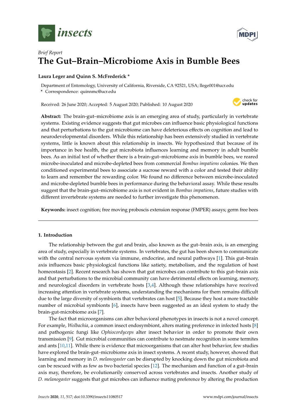 The Gut–Brain–Microbiome Axis in Bumble Bees