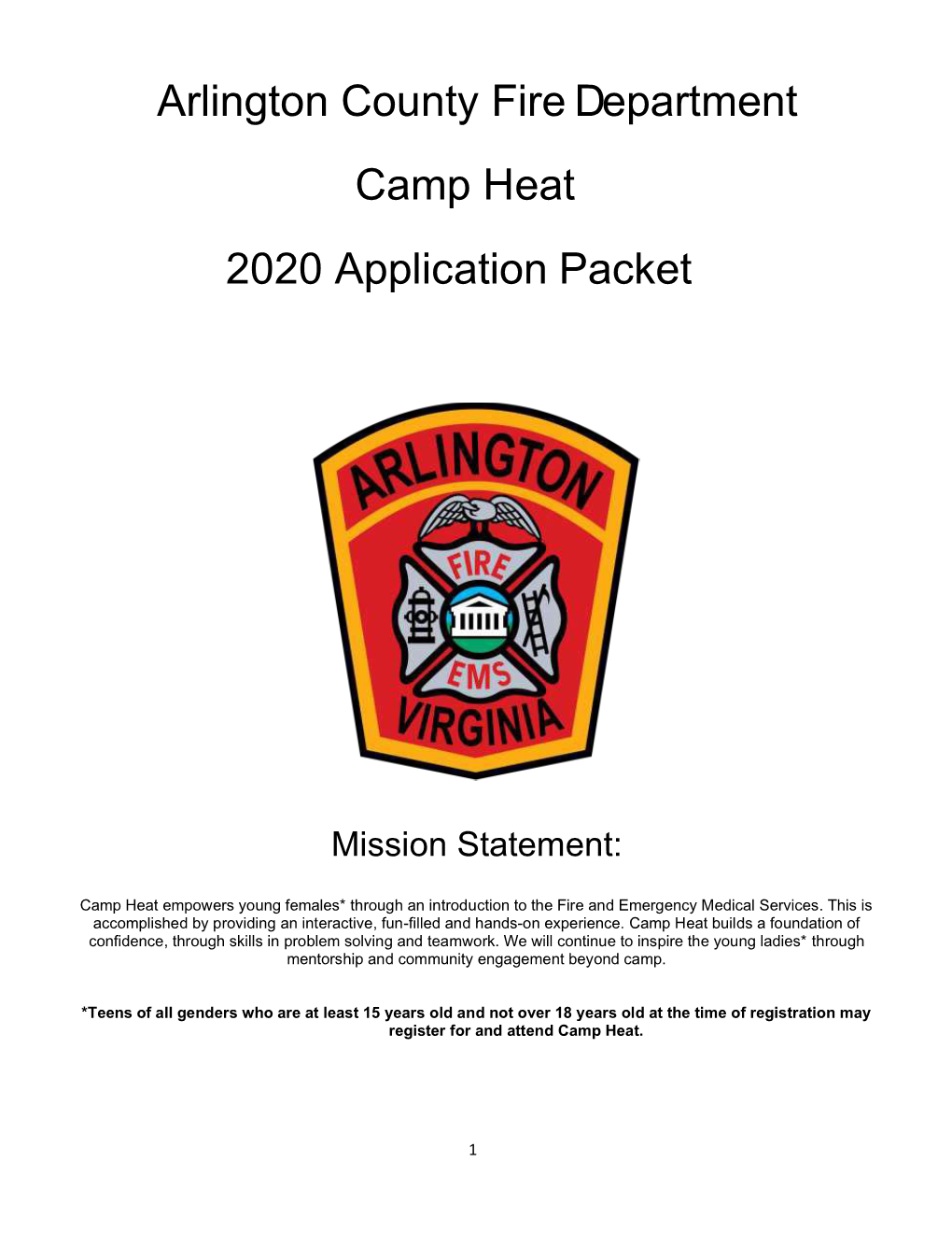 Arlington County Fire Department Camp Heat 2020 Application Packet