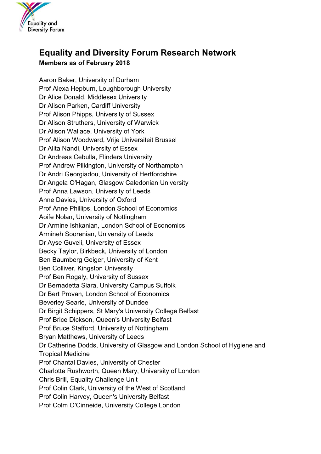 Equality and Diversity Forum Research Network Members As of February 2018