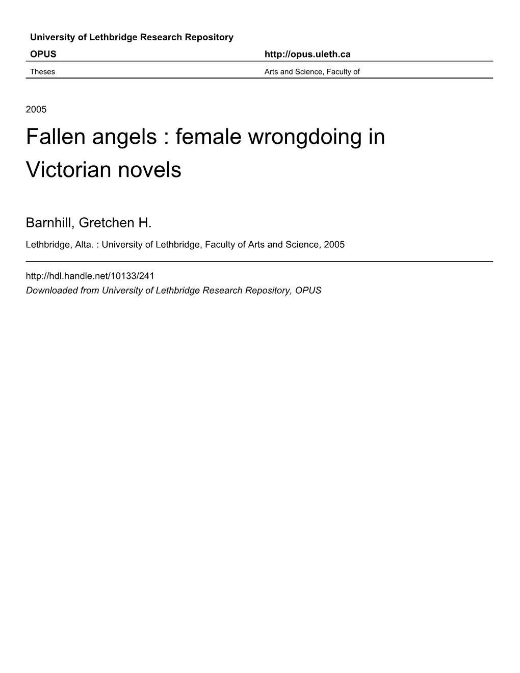 Fallen Angels : Female Wrongdoing in Victorian Novels