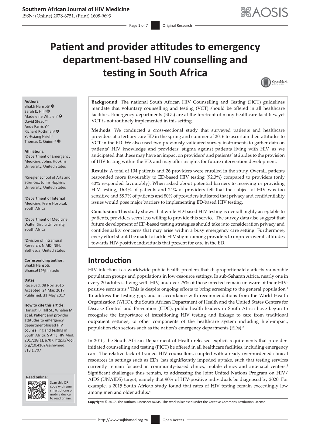 Patient and Provider Attitudes to Emergency Department-Based HIV Counselling and Testing in South Africa