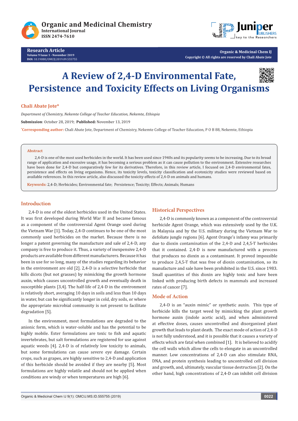 A Review of 2,4-D Environmental Fate, Persistence and Toxicity Effects on Living Organisms