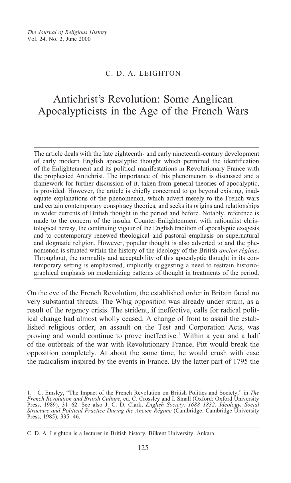 Antichrist's Revolution: Some Anglican Apocalypticists in the Age of The