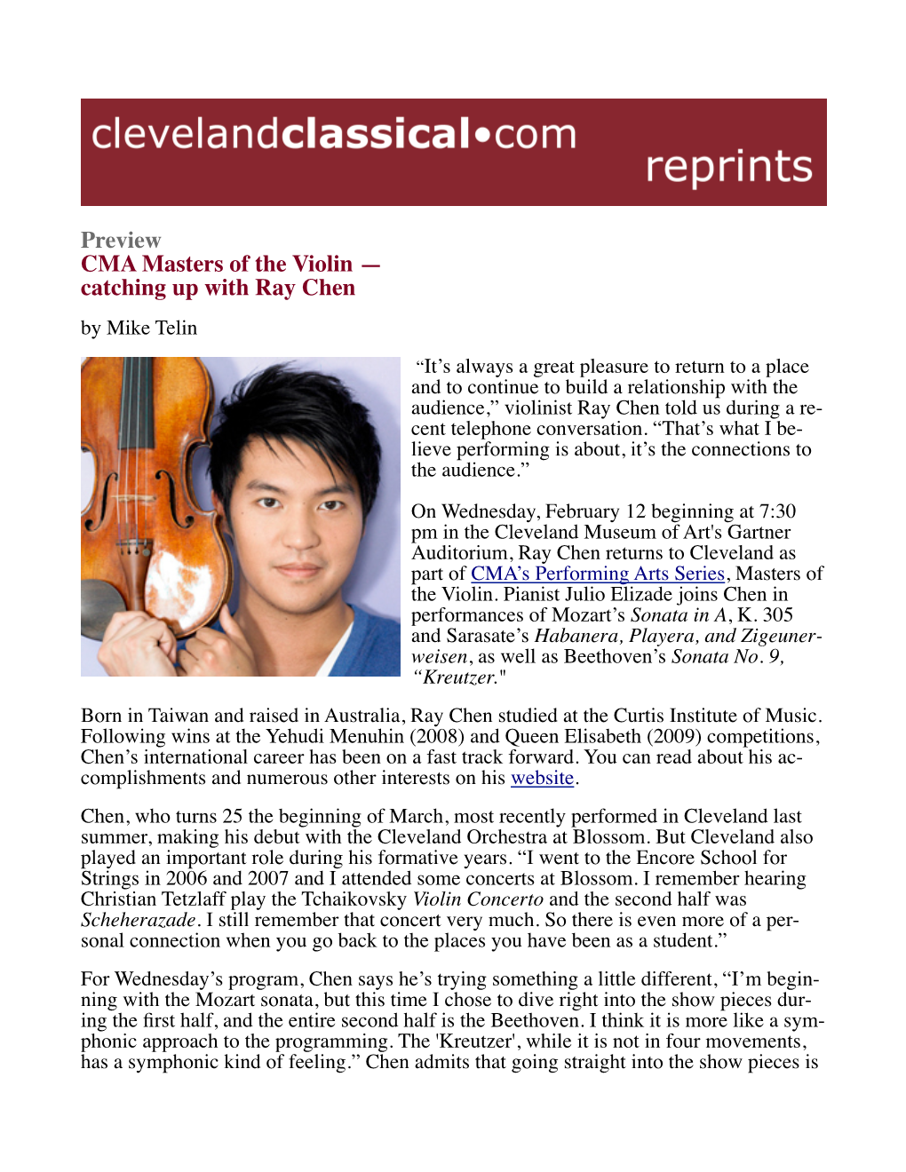 Preview CMA Masters of the Violin — Catching up with Ray Chen by Mike Telin