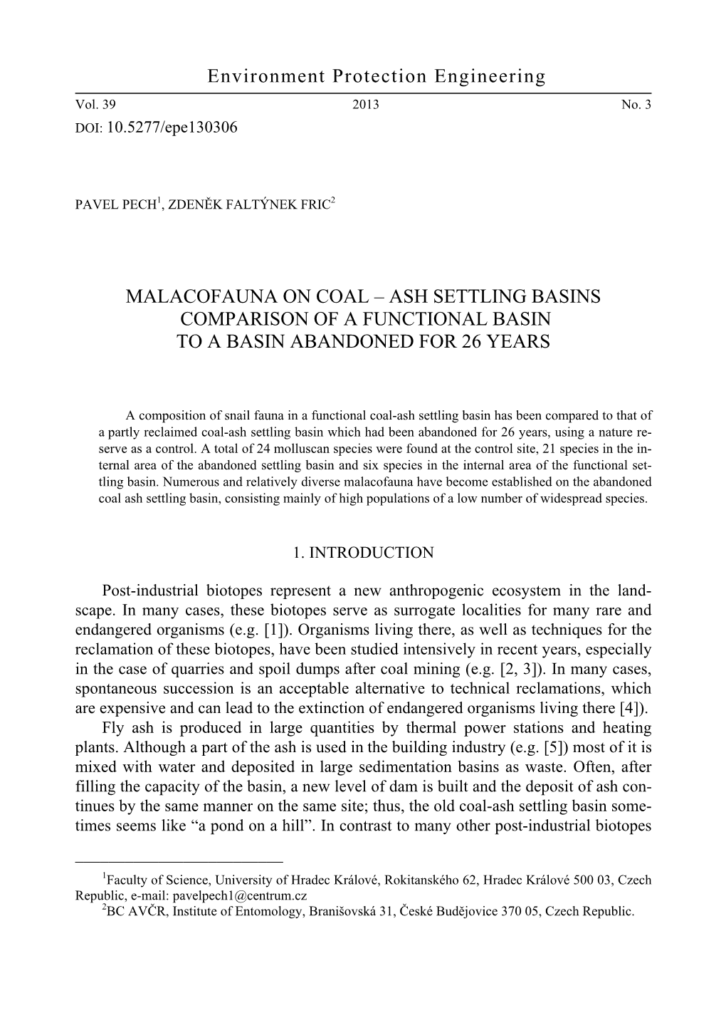 Malacofauna on Coal – Ash Settling Basins Comparison of a Functional Basin to a Basin Abandoned for 26 Years