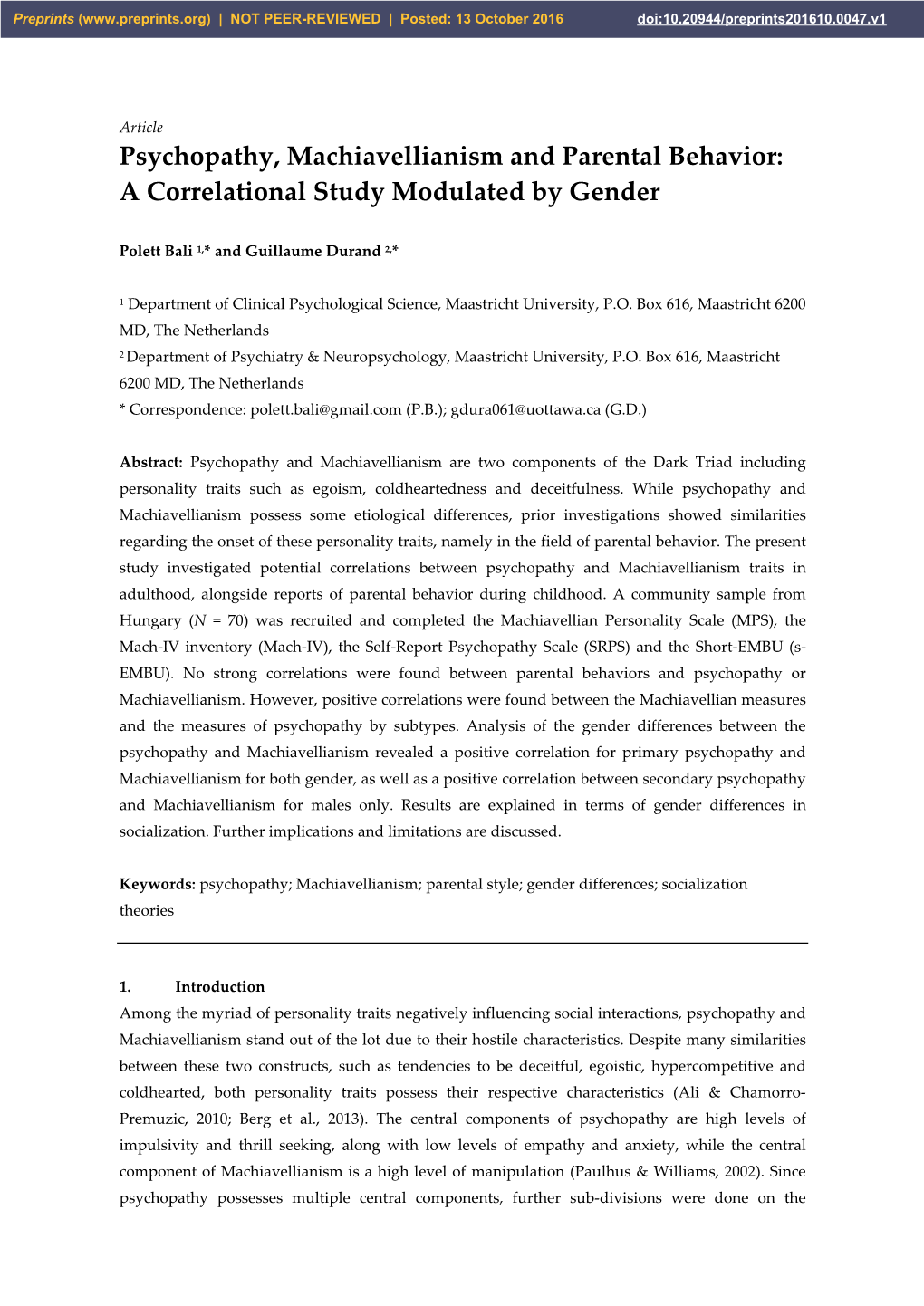 Psychopathy, Machiavellianism and Parental Behavior: a Correlational Study Modulated by Gender