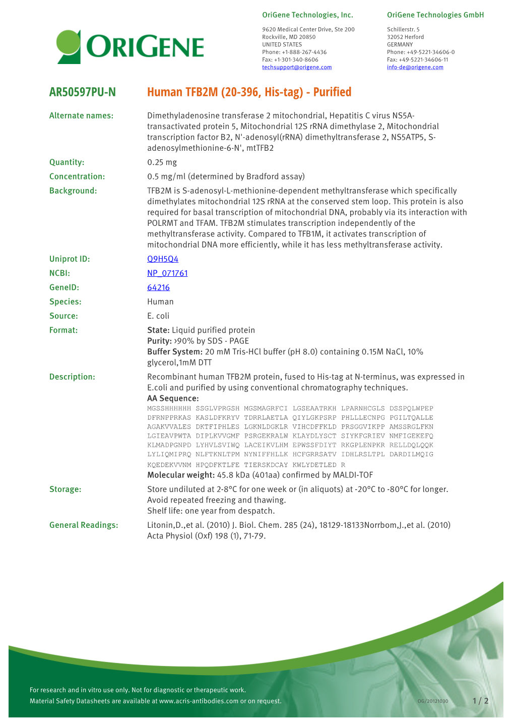 Human TFB2M (20-396, His-Tag) - Purified