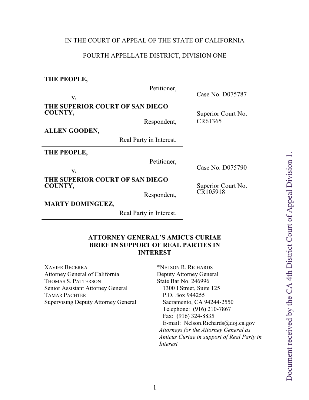 Document Received by the CA 4Th District Court of Appeal Division 1. Document Received by the CA 4Th District Court of Appeal Division 1