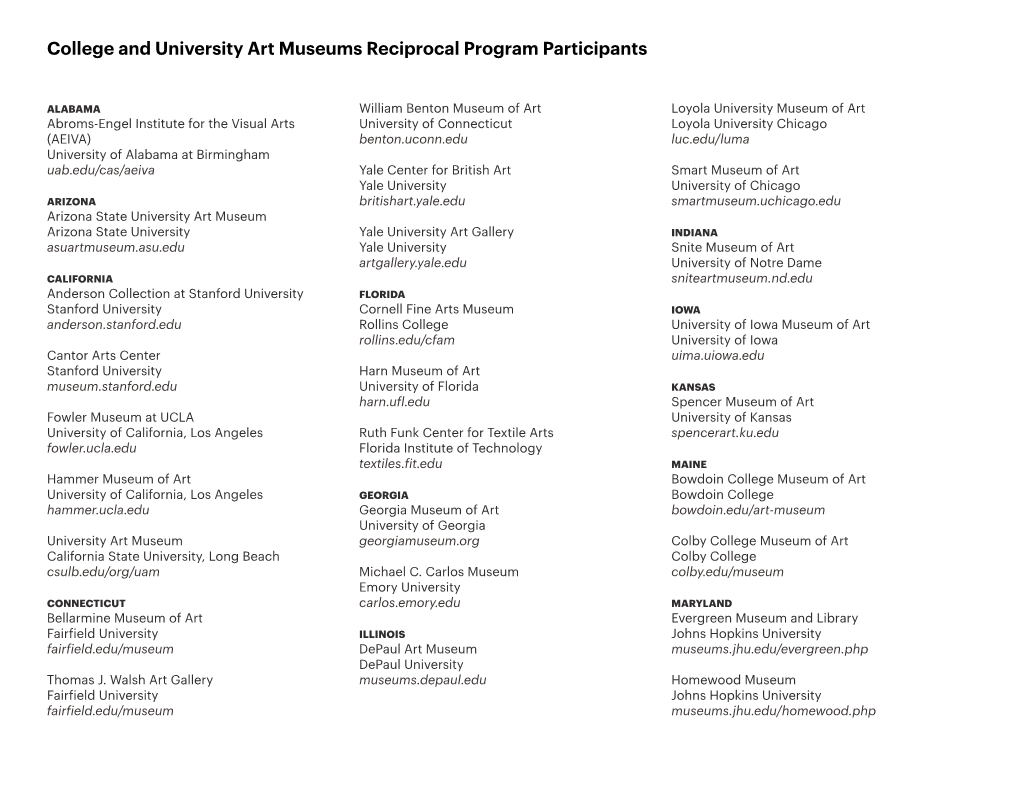 College and University Art Museums Reciprocal Program Participants