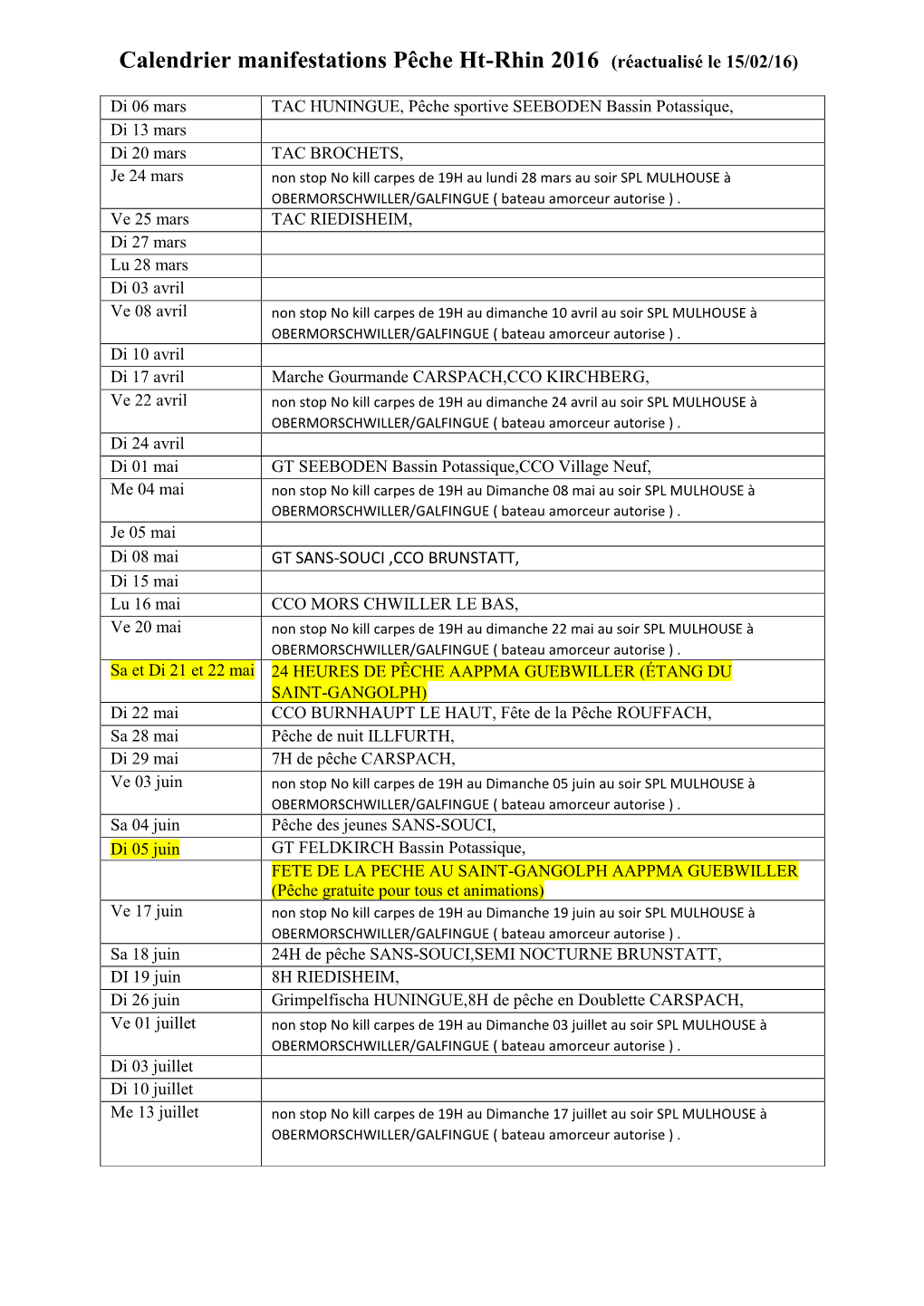 Calendrier Manifestations Pêche Ht-Rhin 2016 (Réactualisé Le 15/02/16)