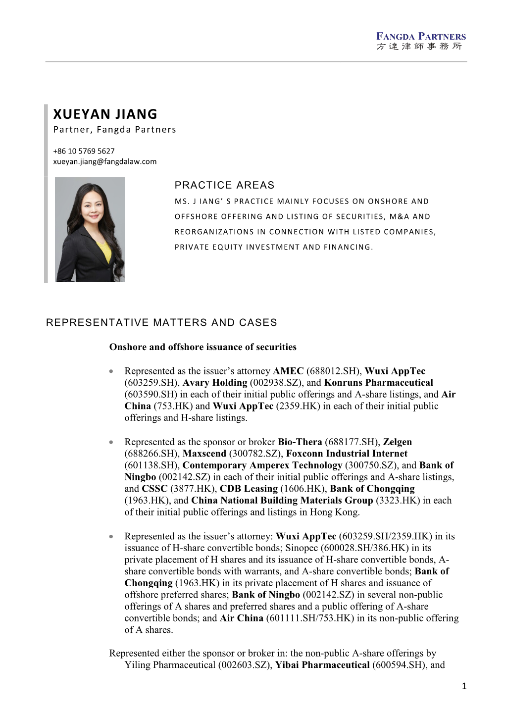 XUEYAN JIANG Partner, Fangda Partners