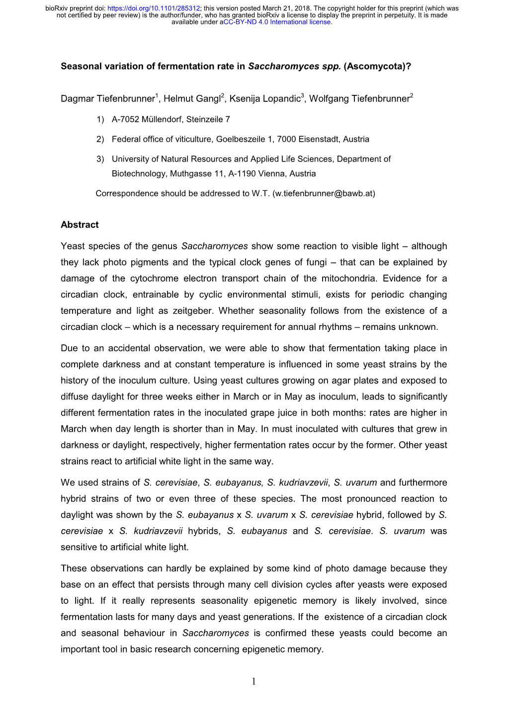 Seasonal Variation of Fermentation Rate in Saccharomyces Spp. (Ascomycota)?