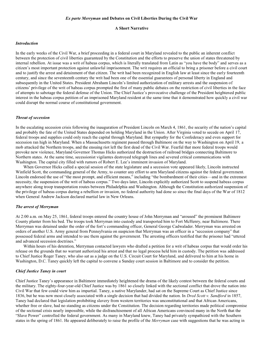 Ex Parte Merryman and Debates on Civil Liberties During the Civil War