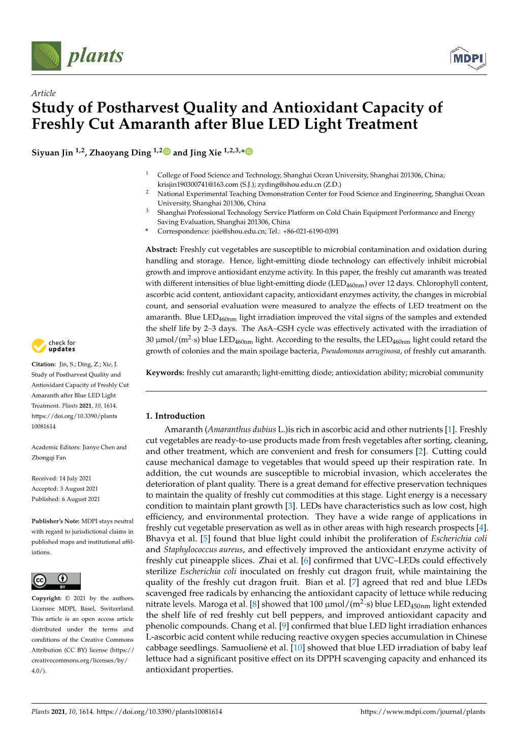 Study of Postharvest Quality and Antioxidant Capacity of Freshly Cut Amaranth After Blue LED Light Treatment