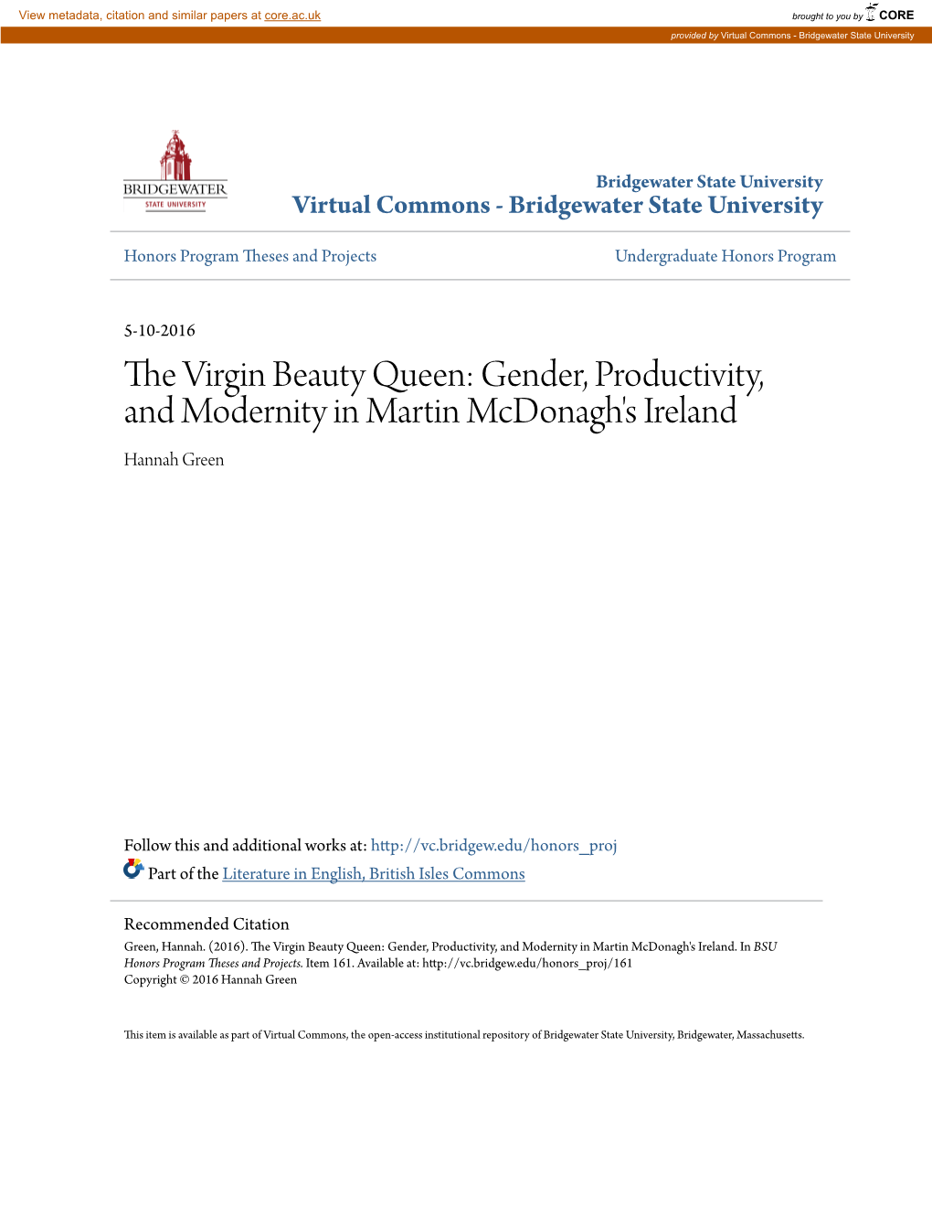 Gender, Productivity, and Modernity in Martin Mcdonagh's Ireland Hannah Green