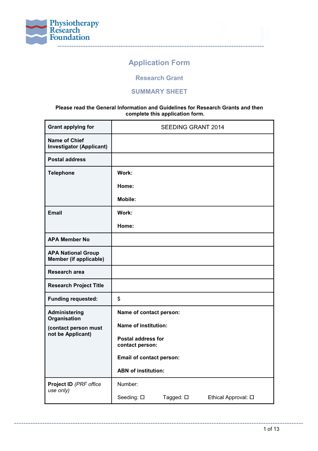 Application Form - Clinical Research Grant