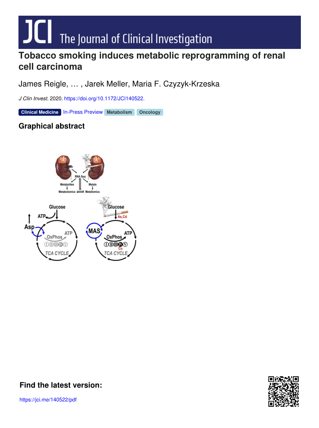 Tobacco Smoking Induces Metabolic Reprogramming of Renal Cell Carcinoma